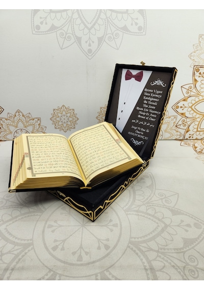 Damat Bohçası Kuranı Kerim Siyah Kadife Plaketli Hafız Boy -