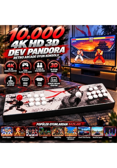 Schitec Dev Pandora Arcade 10.000 Oyun 4k Hd 2 Kişilik Büyük Boy Retro Oyun Konsolu