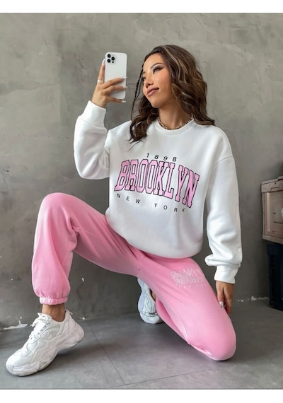 Kadın Brooklyn Baskılı Eşofman Takımı Beyazpembe