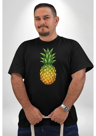 Angemiel Ananas Meyve Siyah Büyük Beden Erkek Kadın Unisex Basic Ön Baskılı Tişört Siyah