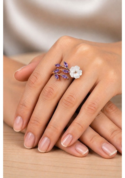 Çekirdekjewelry 925 Ayar Gümüş Manolya Çiçekli Ayarlanabilir Mortaslı Yüzük Pembe