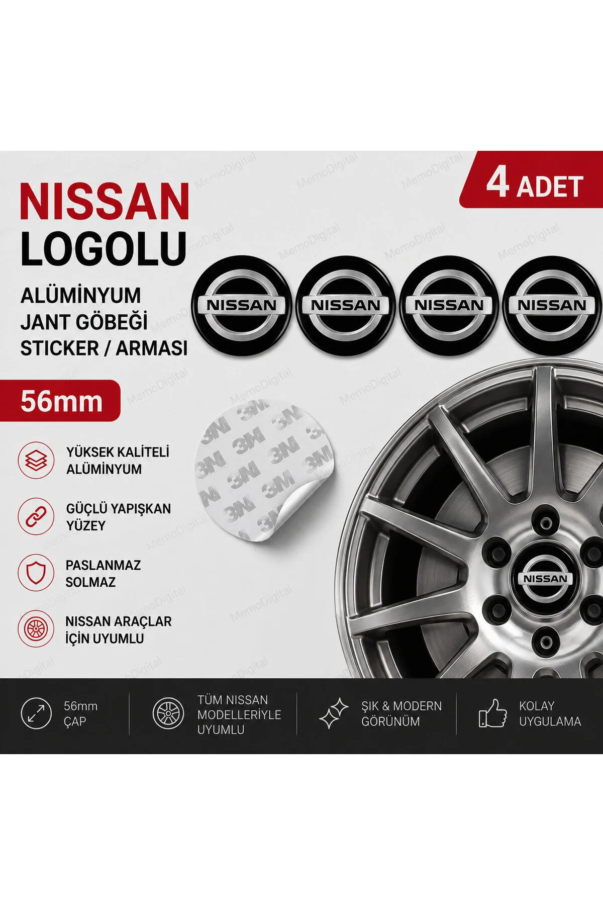 Nissan Logolu Alüminyum Jant Göbeği Arması Sticker 56mm - 4 Adet