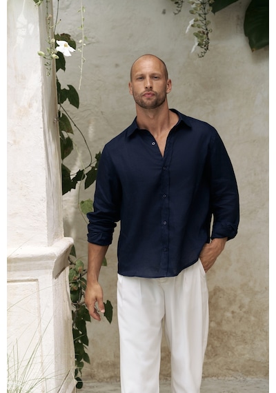 Mai Collection Mai Studios Co. Bice Lacivert Keten Oversize Erkek Gömlek Lacivert