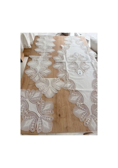 Salon Takımı Çeyizlik Krem Runner Set 5 Parça Keten Ranır Masa Konsol Sehpa Örtüsü Lavinya Çok Renkli