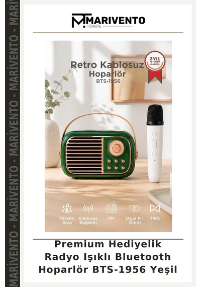 Premium Hediyelik Radyo Işıklı Bluetooth Hoparlör Bts-1956 Yeşil