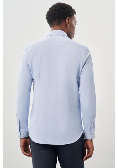 İmza Mavi Uzun Kollu Sert Yaka Cepsiz Pamuklu Likralı Klasik Slim Fit Dar Kesim Gömlek 1004245234 Mavi