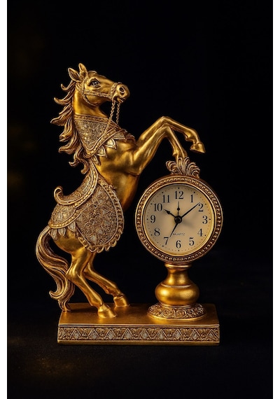 Dekoratif Sevgiliye Babaya Yöneticiye Özel Lüks Hediye At Heykeli Ev Ofis Masaüstü Saati 25x16 Cm Gold