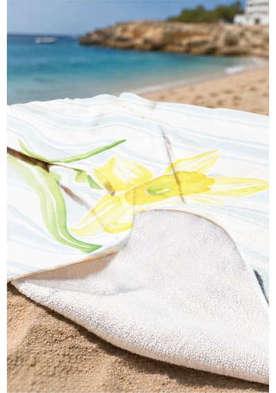 Çizgili Çiçekli Mikroﬁber Plaj Havlusu - Akdeniz Stil Mavi Sarı Havuz Deniz Banyo Sahil Örtüsü Çok Renkli