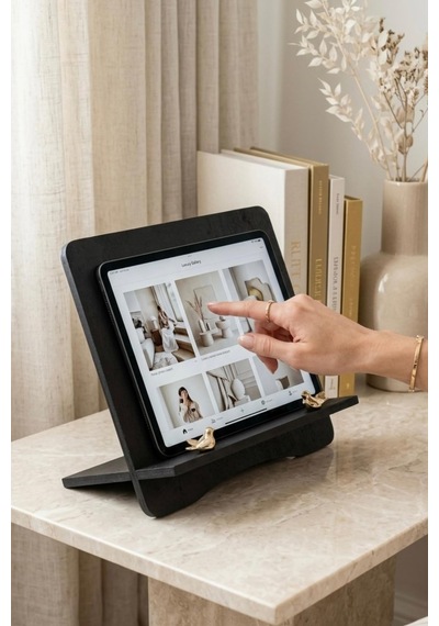 Siyah Ahşap Kitap Tablet Standı Kuş Detaylı