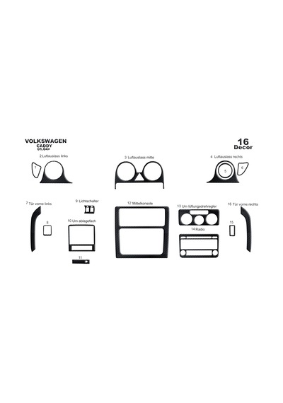 Volkswagen Caddy Torpido Kaplama 2004-2009 16 Parça Siyah Karbon
