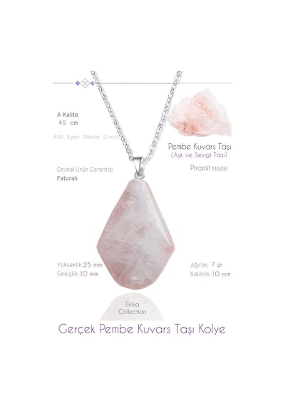 Erilsa Sertifikalı Piramit Model Gerçek Pembe Kuvars Taşı Kolye Çok Renkli