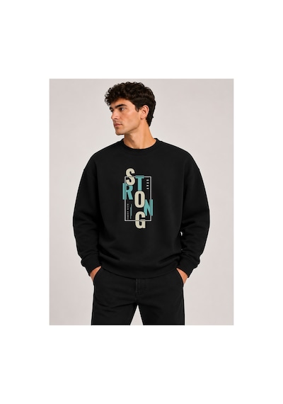 Herkesemoda Strong Baskı Detaylı Bisiklet Yaka Şardonlu 2 İplik Sweatshirt Siyah