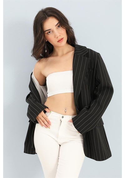 Blazer Ceket Çizgili Atlas Kumaş - Siyah-siyah Siyah
