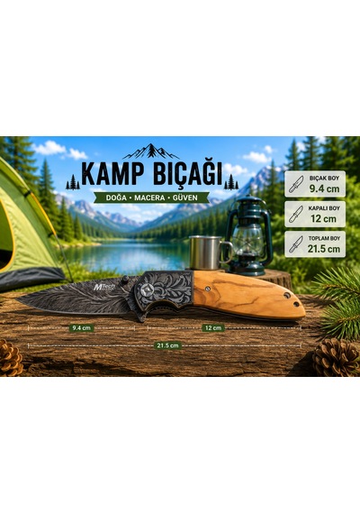 M Tech Kamp Bıcağı Çakı Şık Tasarım Ahşap Saplı Damaskus Desenli Antrasit