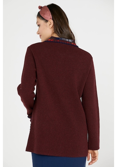 Bebe Yaka Nakışlı Kadın Triko Ceket - Bordo 001