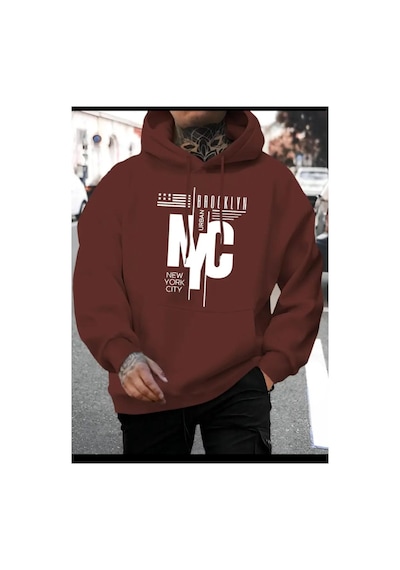 Medinenur Nyc Baskılı Kapüşonlu Cepli Sweatshirt Kahverengi