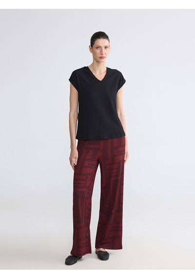 Lcw Everyday Bordo Beli Lastikli Geometrik Desenli Kadın Pantolon