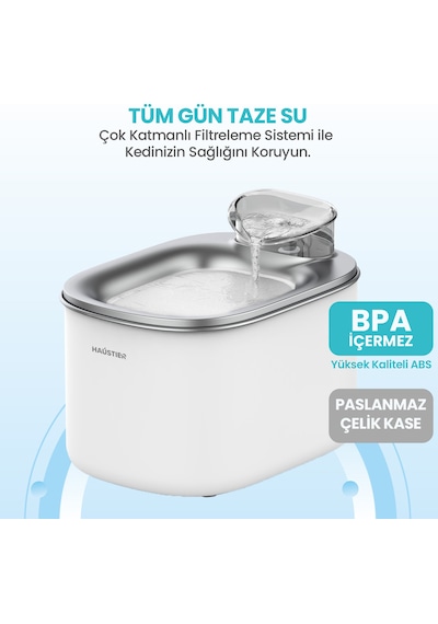Haustier Hst-qq005 Beyaz Akıllı Mama Kabı, Wf007l Beyaz Kedi Su Pınarı 2 Li Set Haustier Türkiye Garantili