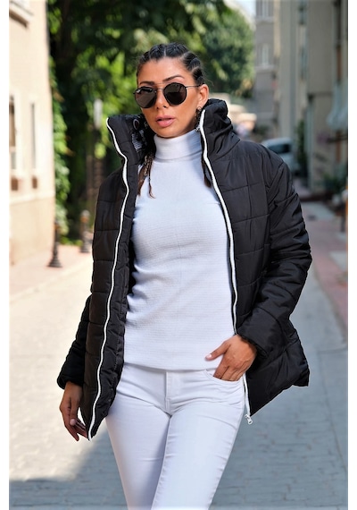 Keyifli Moda Kadın Siyah Dik Yaka Su Geçirmez Uzun Şişme Mont