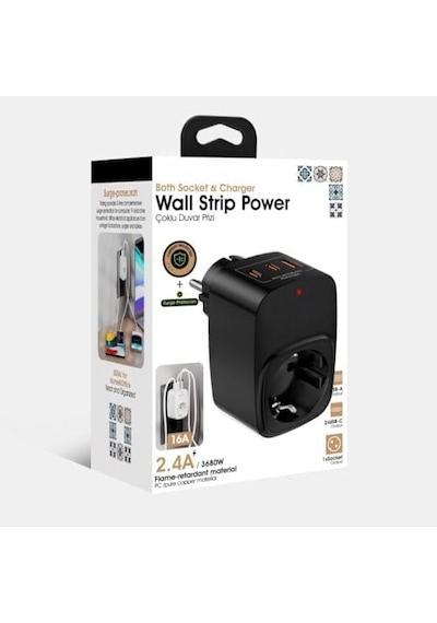 Vetech Akım Korumalı Priz 1x Priz, 2x Type-c, 1x Usb Port Çıkışlı Tekli Siyah