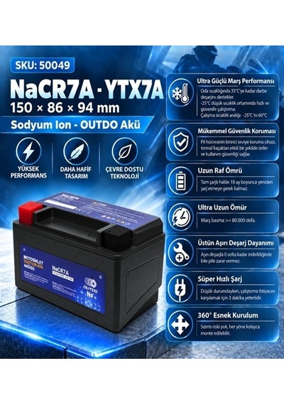 Outdo 12v 7 Amper Alçak Sodyum Ion Motosiklet Aküsü Ebatlar: 150 86 94mm