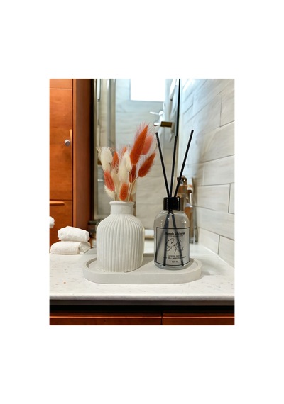 Buççin Online Mağaza Dekoratif Standlı Çizgili Vazolu Soft Fresh Fiber Çubuklu Oda Kokulu Set 100 Ml Beton Beyaz