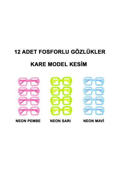 Fosforlu Kare Model Glow Parti Gözlüğü Karanlıkta Yanan Gözlükler 12 Adet Çok Renkli Diğer