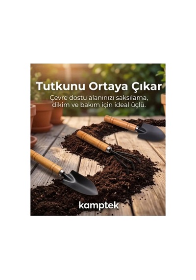 Kamptek 3'lü Mini Bahçe El Aletleri Seti - Ahşap Saplı Sukulent Ve Saksı Çiçek Bakım Seti
