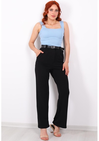 Ribana Classic Kemerli Bol Paça Kadın Krep Pantolon Siyah