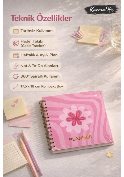 Pembe Çiçekli Spiralli Planner Defter Tarihsiz Haftalık Ve Aylık Planlayıcı, 17.5x18 Cm Diğer
