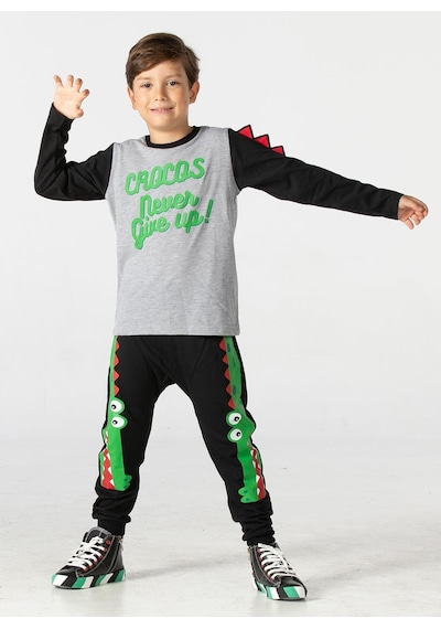 Casabony Crocos Siyah Erkek Çocuk Pantolon+T-Shirt Takım-Gri - Siyah