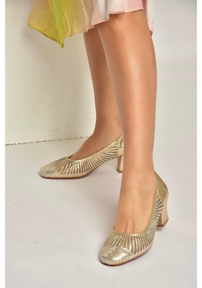 Fox Shoes Y820854514 Altın Sim Kalın Topuklu Kadın Ayakkabı Altın