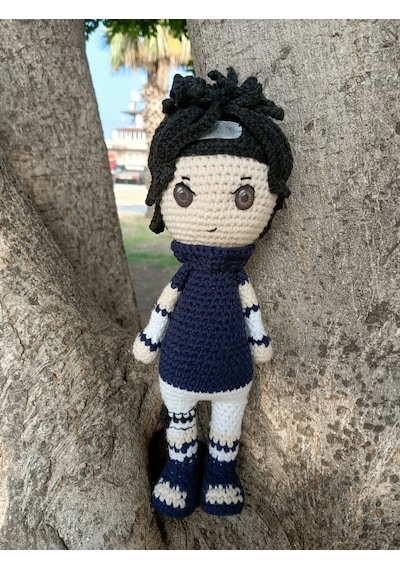 Sasuke Uchiha Amigurumi Örgü Oyuncak - Anime Hediyelik Figür 21 Cm Mavi