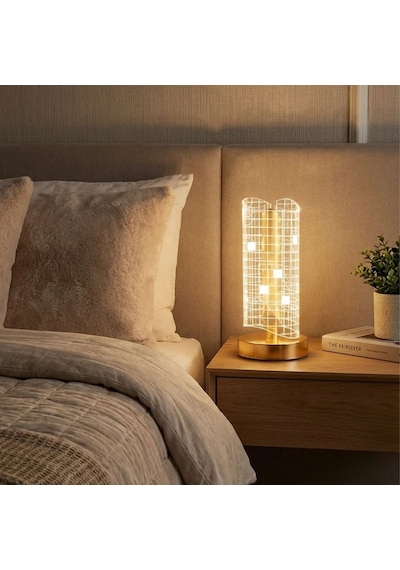 Buffer Dalgalı Silindirik Kristal Kareli Model Led Masa Lambası Gold Tabanlı, Dokunmatik, 3 Renk Işık Modlu, Şarjlı M Şeffaf
