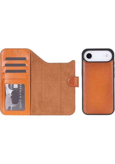 Bloomcase Magic Wallet Urban Tan Hakiki Deri Apple Uyumlu iPhone 17 Air 6.5" Cüzdanlı Telefon Kılıfı Taba