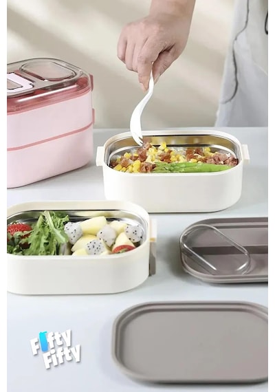 Vagonlife 1 L İki Kat Üç Bölme Paslanmaz Çelik Bento Lunch Box Sos Kaseli Mode