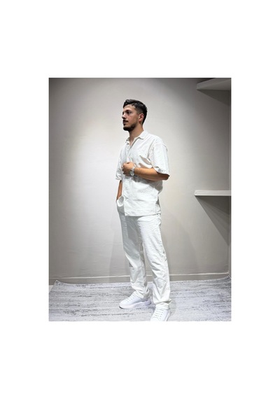 Gömlek Pantolon Erkek Keten Takım Oversize Kalıp Beyaz