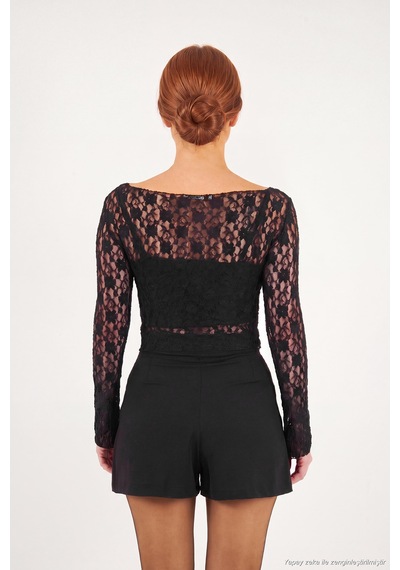 Lela Çiçek Desen Dantelli Kayık Yaka Bluz Kadın Bluz 5867118 Siyah