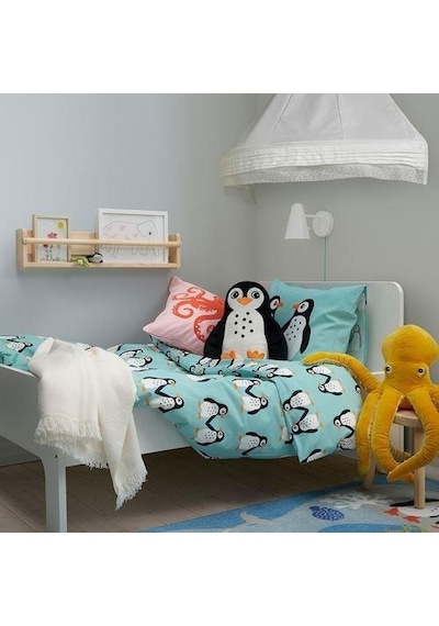 Çocuk Nevresim Takımı MeridyenDukkan Açık Turkuaz Renk Penguen Temalı 150x200Cm