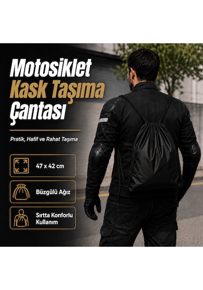 Microcase Motosiklet Scooter Bisiklet İçin Sırt Askılıklı Büzgülü Taşıma Saklama Amaçlı Kask Çantası Koruyucu Kese 47x42 Cm Al5688 Siyah