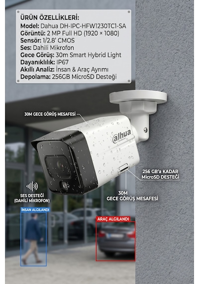 2mp Dahili Mikrofonlu Sesli Poe Ip Bullet Kamera Gece Görüşlü Dış Mekan Dh-ıpc-hfw1230tc1-sa