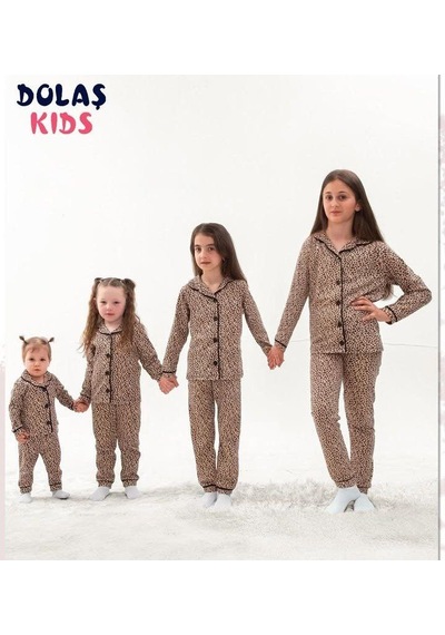 Dolaş Kids Anne Ve Kız Çocuk Ve Bebek Leopar Desenli Boydan Düğmeli Pijama Takımı Kahverengi