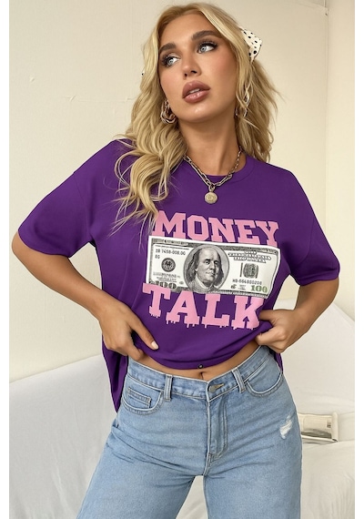 Money Talk Baskılı Unisex Tişört Mor