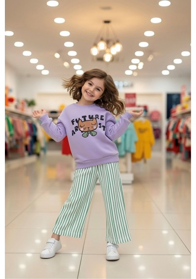 Miniğimin Cicileri Future Artist Baskılı Sweatshirt Ve Yeşil Çizgili Kız Çocuk Pantolon Takım - Lila Miniğimin Cicileri Future Artist Baskılı Sweatshirt Ve Yeşil Çizgili Kız Çocuk Pantolon Takım - Lila