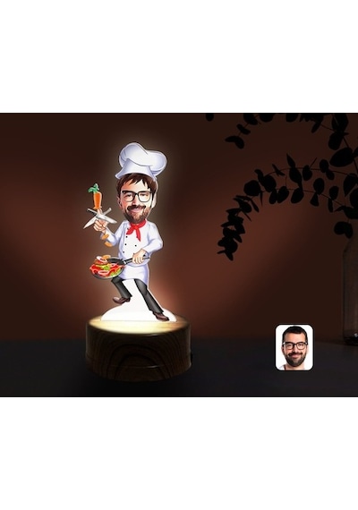 Kişiye Özel Erkek Chef Karikatürlü Dekoratif 3D Biblo Led Işıklı (481497199)