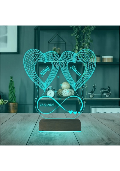 Luvivia 2 Kalp Sonsuzluk Sevgiliye Hediye Kişiye Özel 3d Lamba - Masa Gece Lambası V1