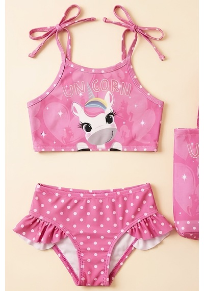 Modanino Kız Çocuk Çantalı 3'lü Mayo Takımı Çanta+mayo+bikini 3-10 Yaş 12649n Pembe