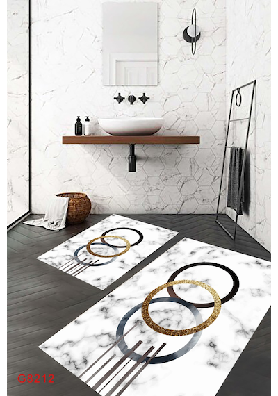 Mermer Desen Banyo Paspası, Dekoratif Klozet Takımı, Yıkanabilir, Beyaz
