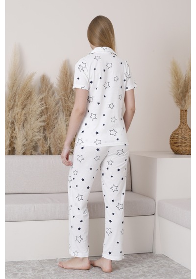 Wordex Mirano 6872 Kısa Kollu Yıldızlı Süprem Kumaş Düğmeli Kadın Pijama Takımı Beyaz