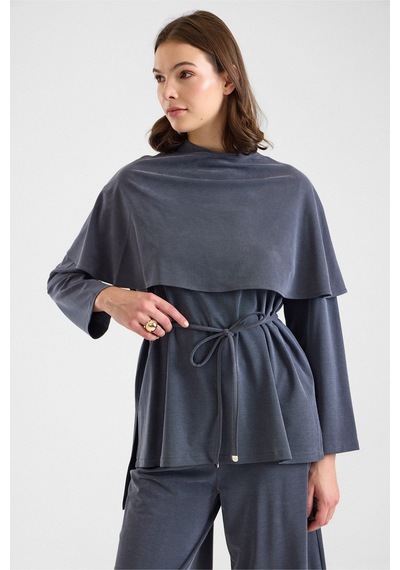 Olcay Şal Aksesuarlı Premium Kumaş Tunik Pantolon Füme 9470-tk